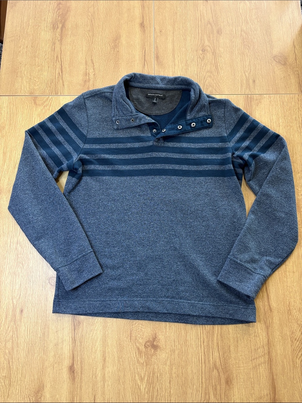 Banana Republic Men's Navy Striped Snap-Front Mock Neck Sweater